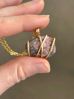 Rhodonite Gold Tone Wire Wrap Necklace